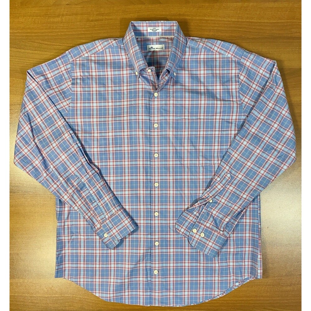 Peter Millar Shirt Mens L Blue Pink Plaid Button Down Long Sleeve Performance